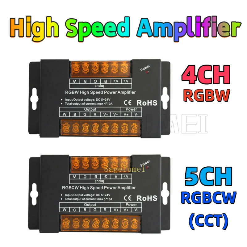 Amplificador de señal de potencia de alta velocidad, canales de 4/5 canales para tira de luces LED 5050 RGBW RGBCW DC5/12/24V 40/50A, repetidor de datos RGB + CCT