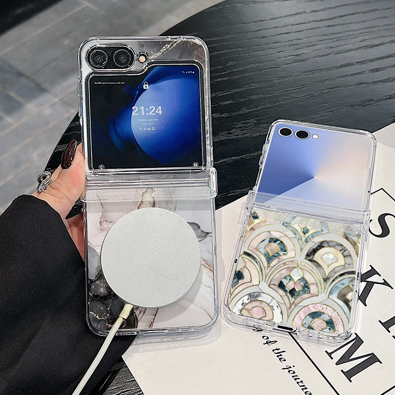 Magnetic Colorful Marble Pattern Phone Case For Samsung Galaxy Z Flip 7 FE 7 6 5 4 Flip7 Flip6 Flip5 For Magsafe Hard Back Cover
