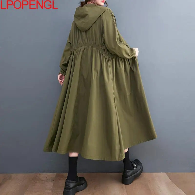 Woman Fashion Literary And Casual Windbreaker Mid Length Zipper Trench 2023 Autumn Loose Temperament Wide-waisted Hooded Coat