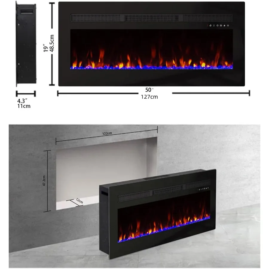 Wall-Mounted or Recessed Electric Fireplace Insert with Timer Touch Screen/Remote Control Adjustable Flame Color and Speed 5000