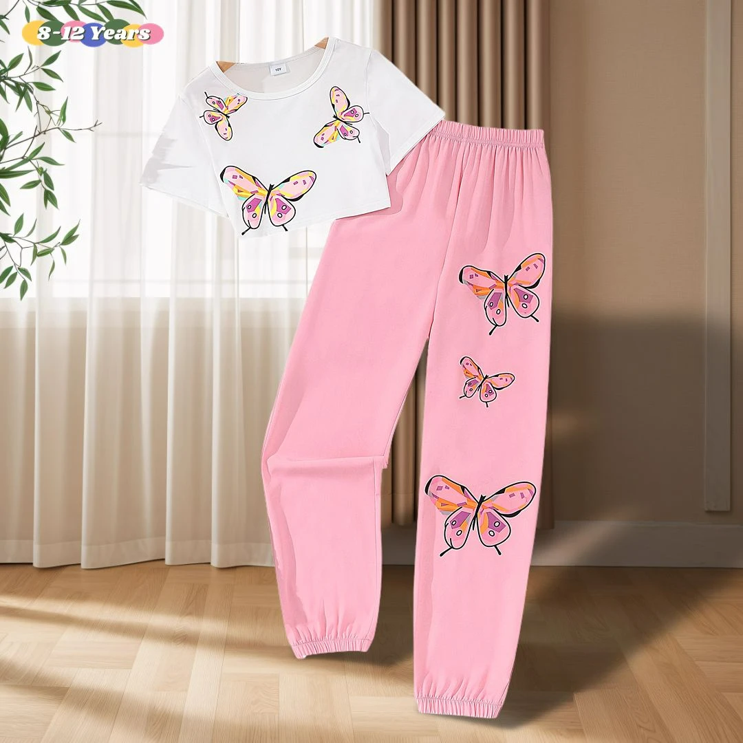 

Teens Girls Clothing Set 2 Pcs Graphic Top+Pant 8-12yrs Summer Fashion Girls Outfits Casual Birthday Butterfly Children Suit