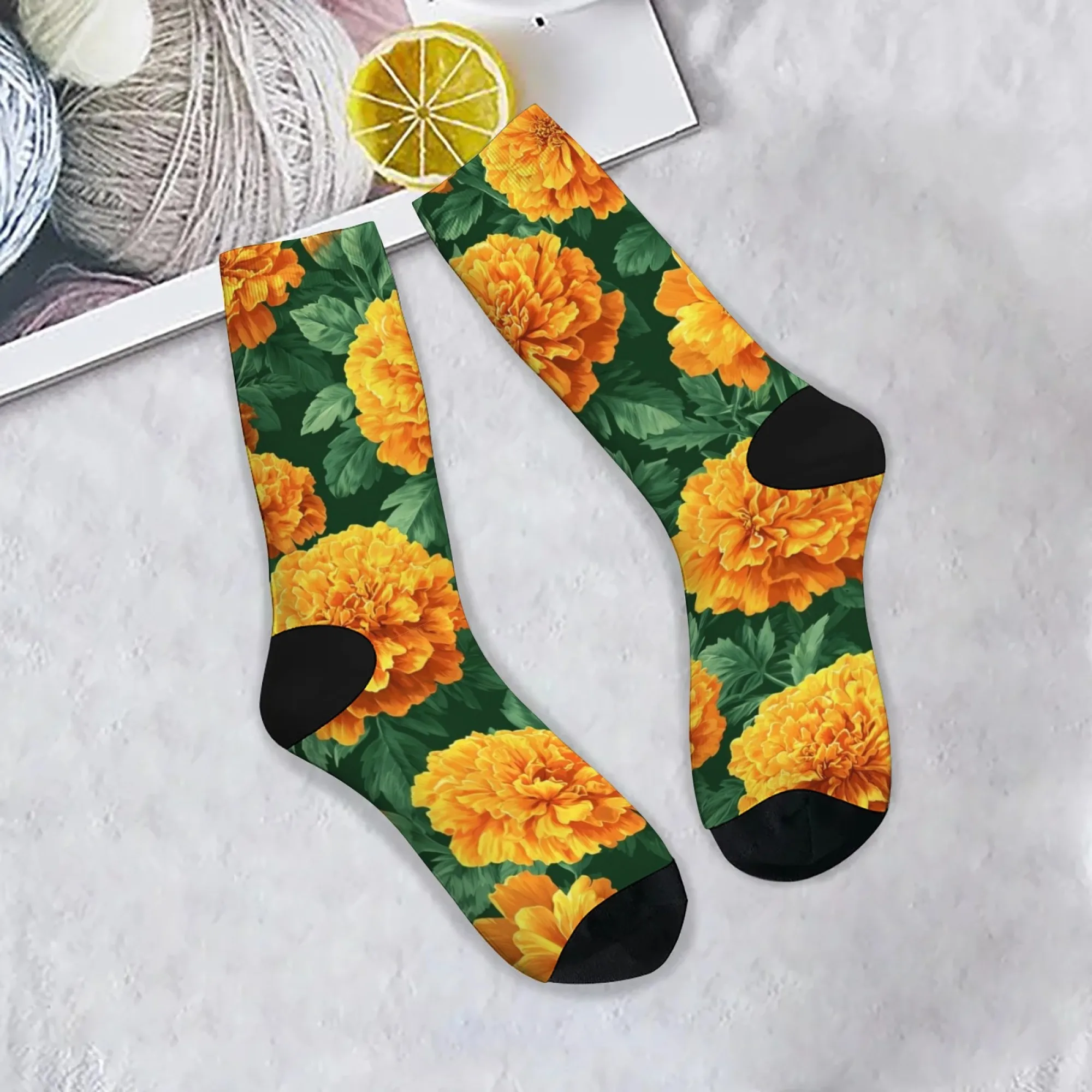 

Yellow Marigold Crew Socks for Men and Women Trendy Retro Nature Print Street Fashion Ideal Couple Gift for Casual Outings