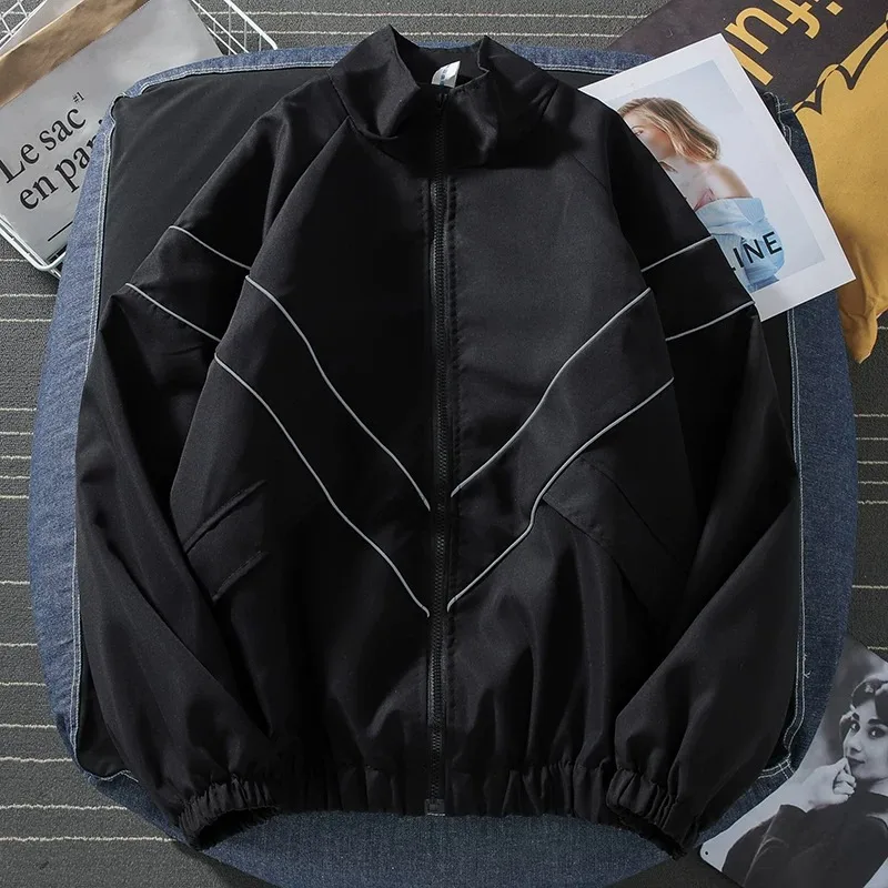 Reflective Sportswear Jacket Unisex Loose Fit Pure Color Spring Autumn Trendy Brand Windproof Youth Popular Oxford Fabric