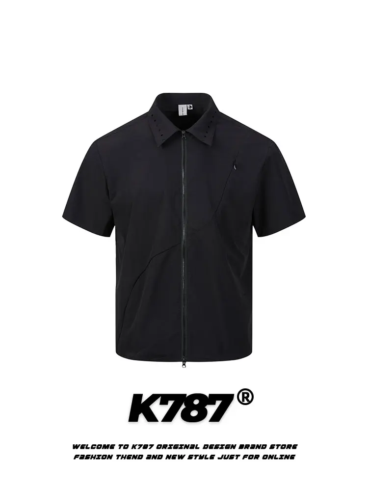 

K787 American Retro Arc Zipper Hole Turn-down Collar ort Sve irt Men's Cleanfit Simple Color Top Youth Faion