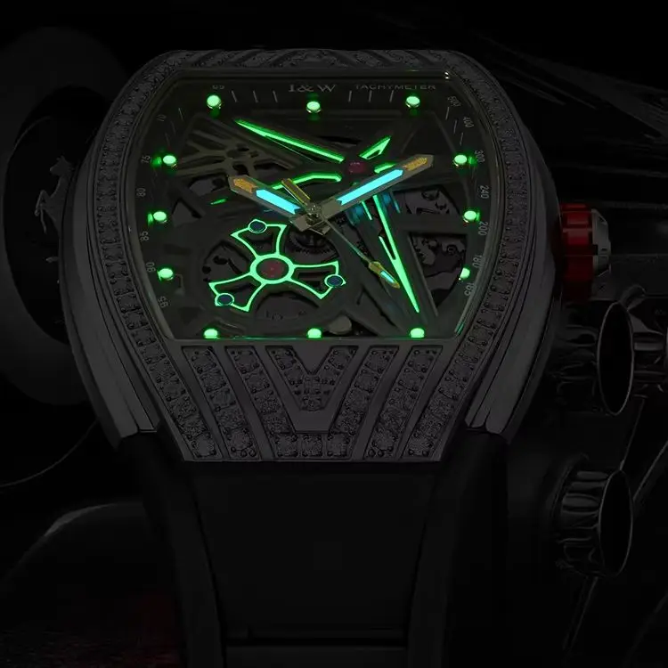 

I&W Men Automatic Watch 43mm Tonneau Mechanical Wristwatch Luminous 5ATM Waterproof Rubber Strap Zircon Bezel Skeleton Dial