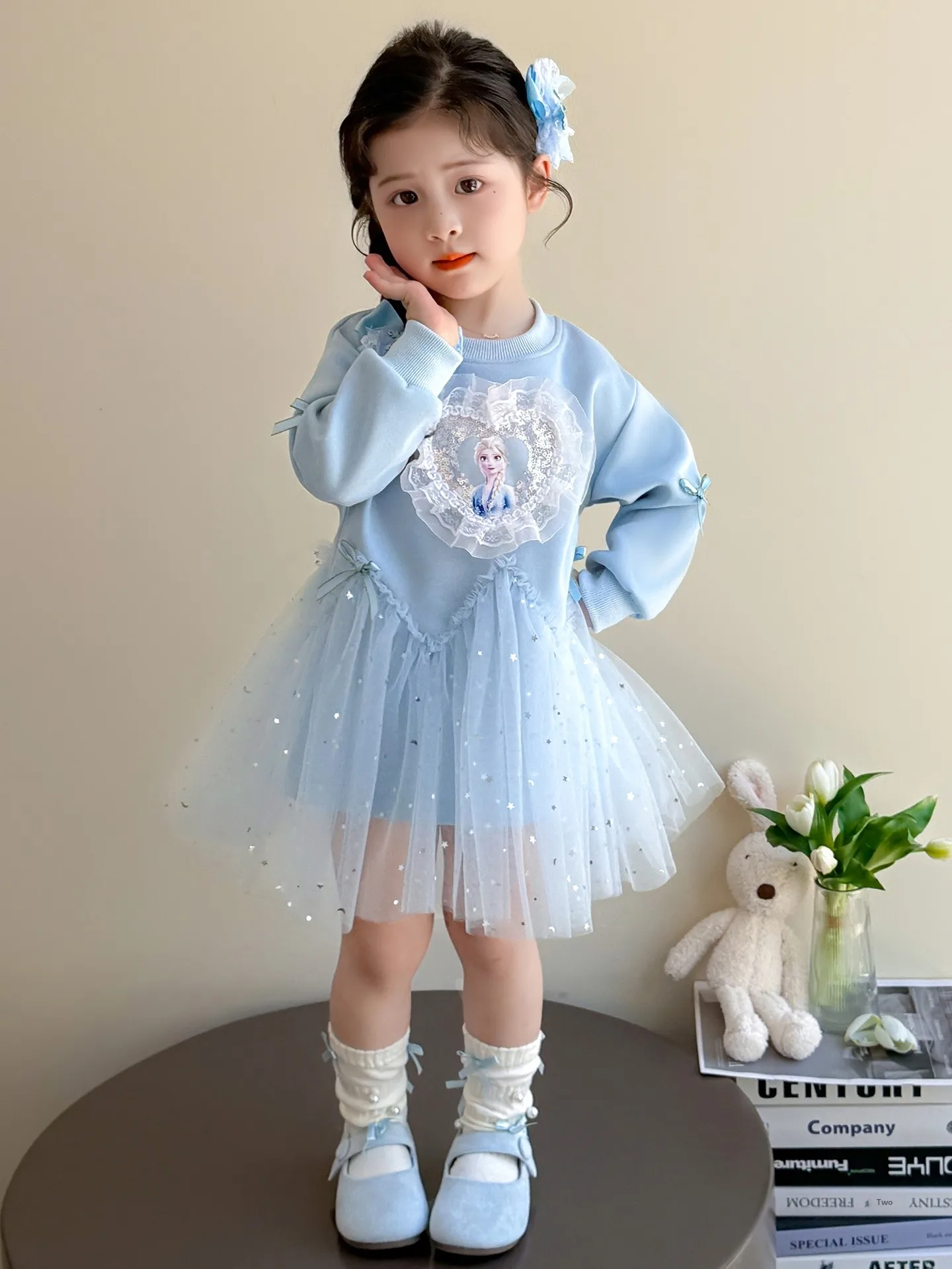 

Princ Sle Long Sve Lace Dr for Little Girls Spring Autumn New Faion Elsa Me Skirt Cotton Polyester Blend