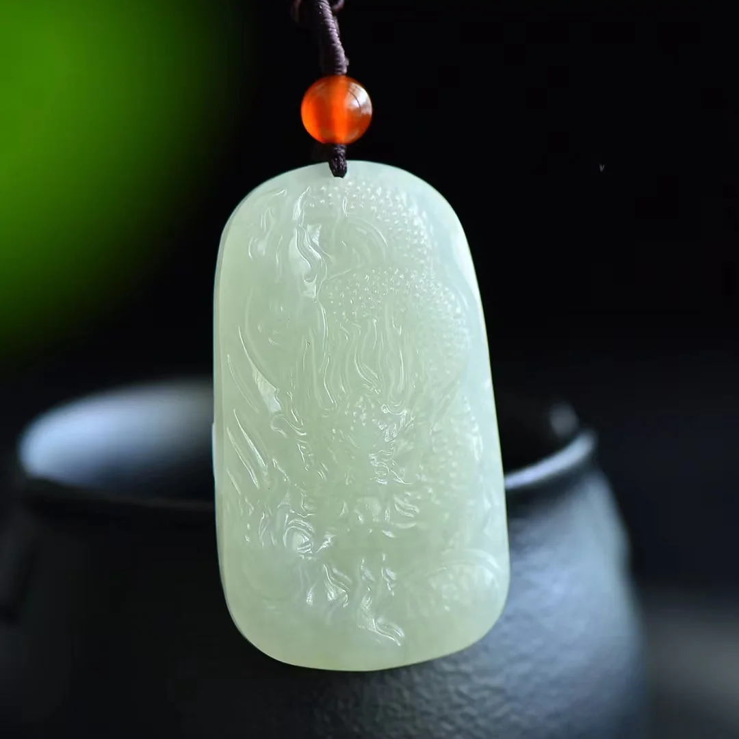 Exquisite Hetian Jade Double-Sided Carved Dragon 46*27 MM Pendant Jewelry 4053#