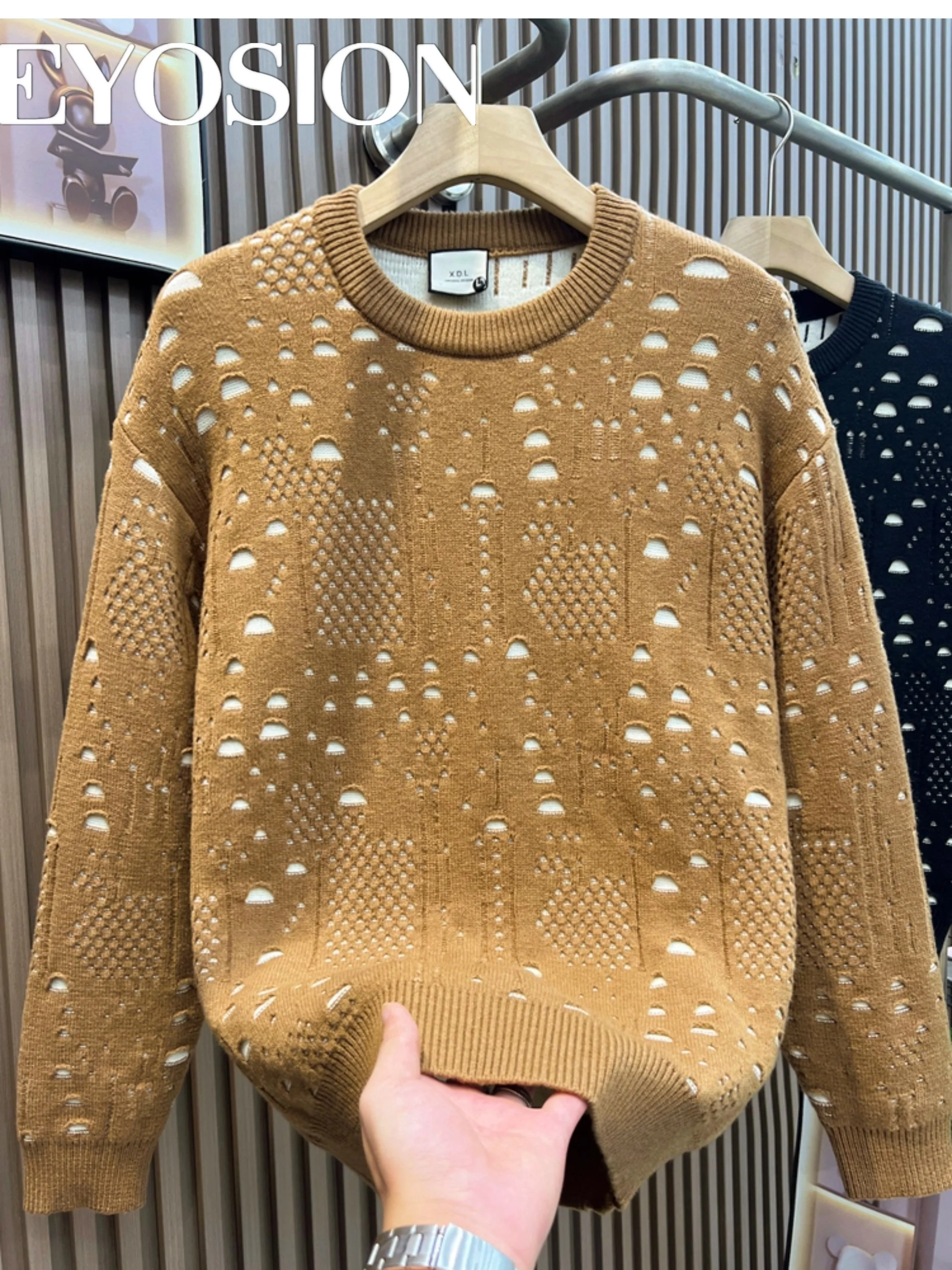 

Осень-зима мужской пуловер с полым пирсингом рваный дизайн свитер с круглым вырезом трикотажная рубашка высокого качества повседневный топ с длинными рукавами