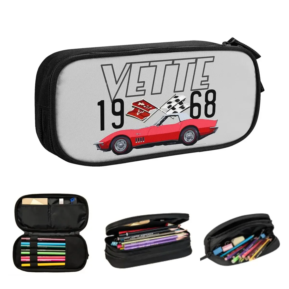 1968 Red Corvette C3 Convertible Classic Car Pencil Cases Large Storage Pen Bags Pen Box Pencil Pouch For Stationery School