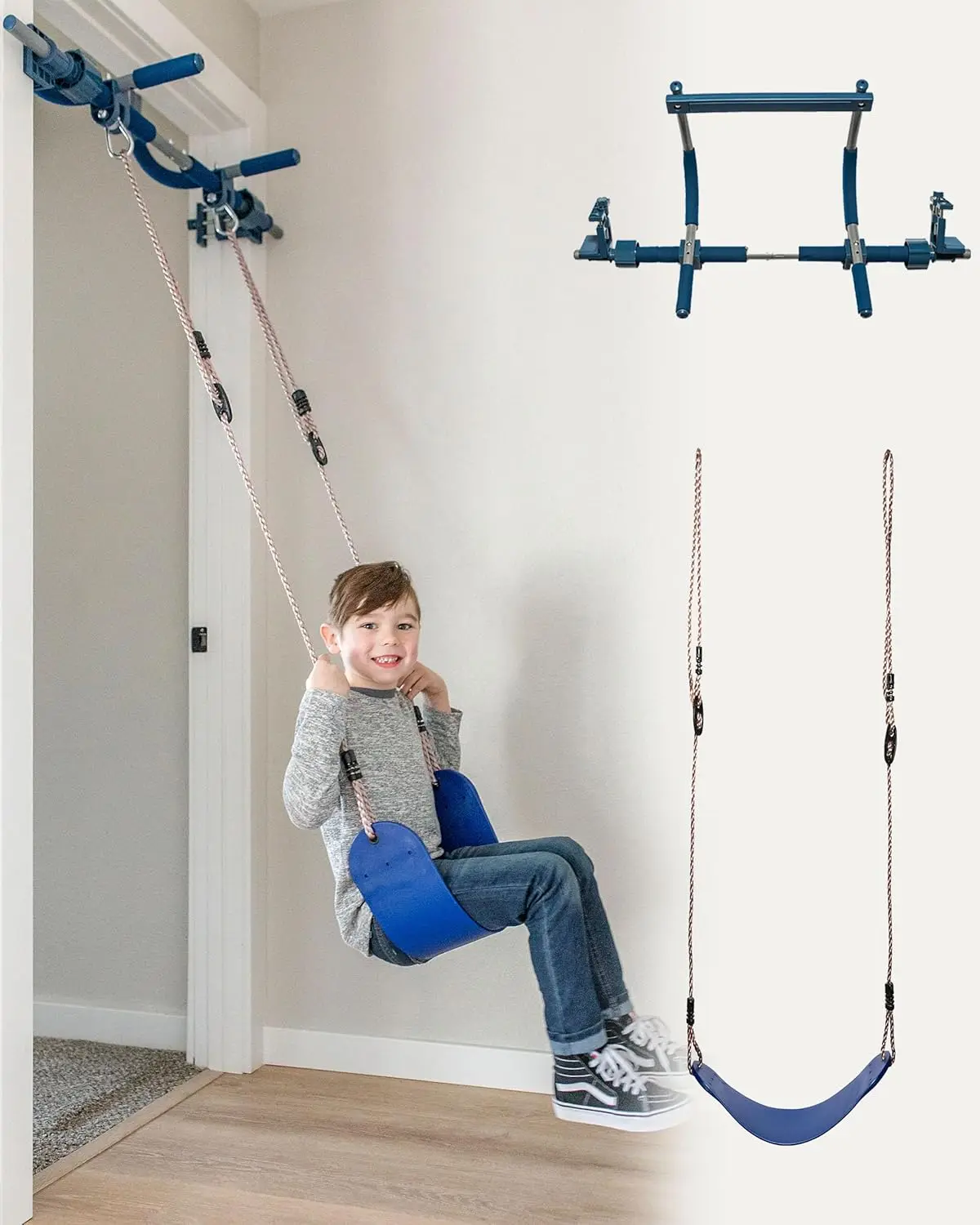 

2-Piece Doorway Gym for Kids, Includes Door Sensory Swing, Indoor Pull-Up Bar for Adults, Rings, Hanging Trapeze, Ladder & Knott