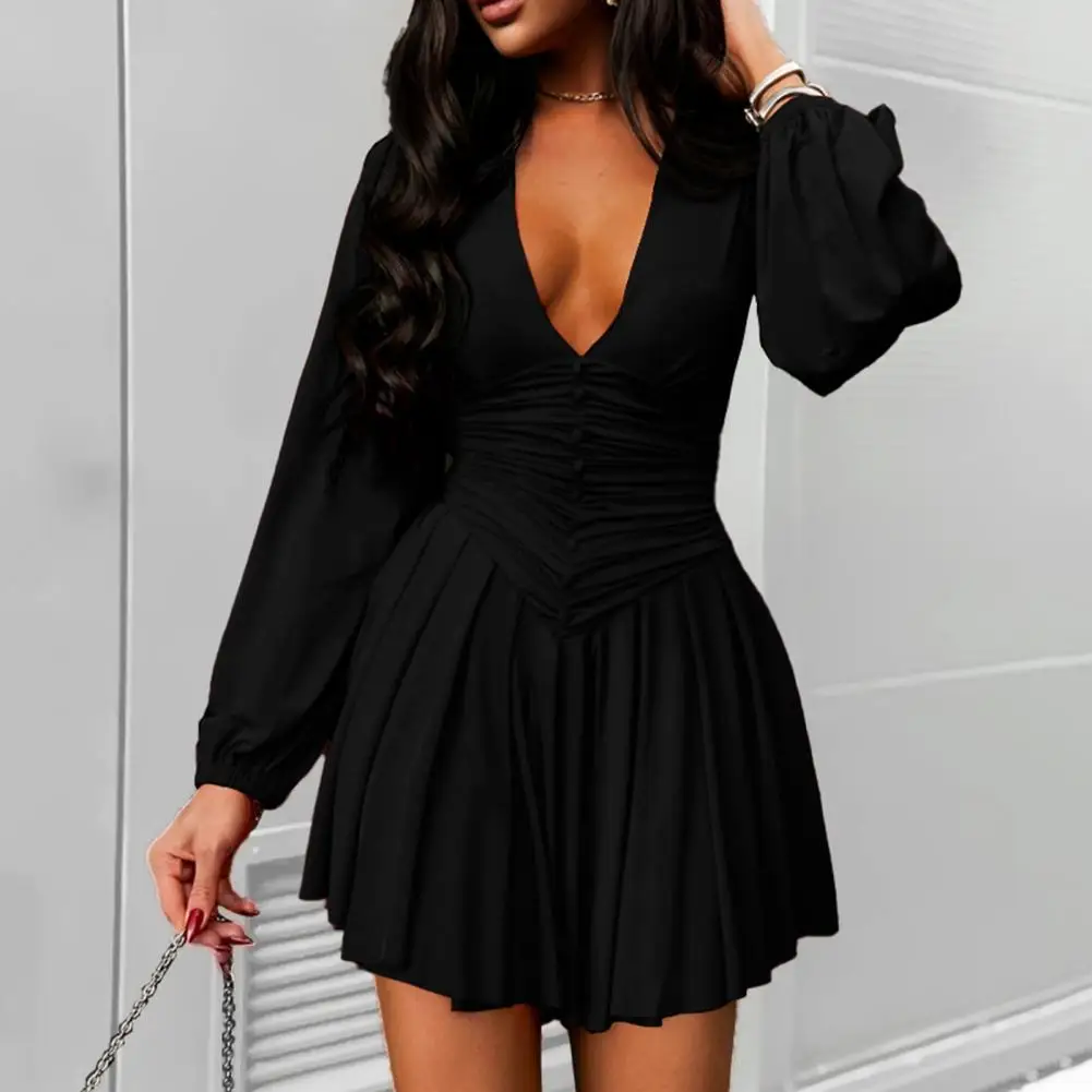 

Women Mini Dress Elegant V Neck Lantern Sleeve A-line Mini Dress for Women Solid Color Tight Waist Pleated Big Swing Commute