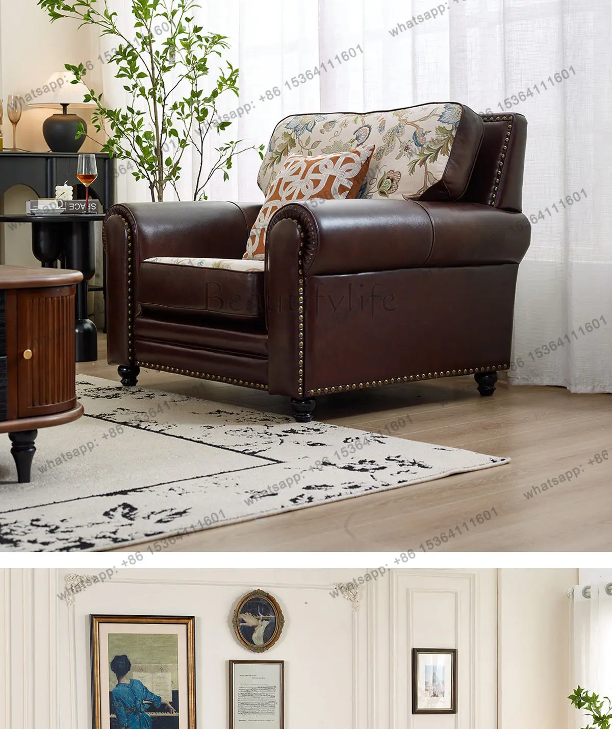 

American sofa brown oil wax leather leather first layer cowhide four people straight row