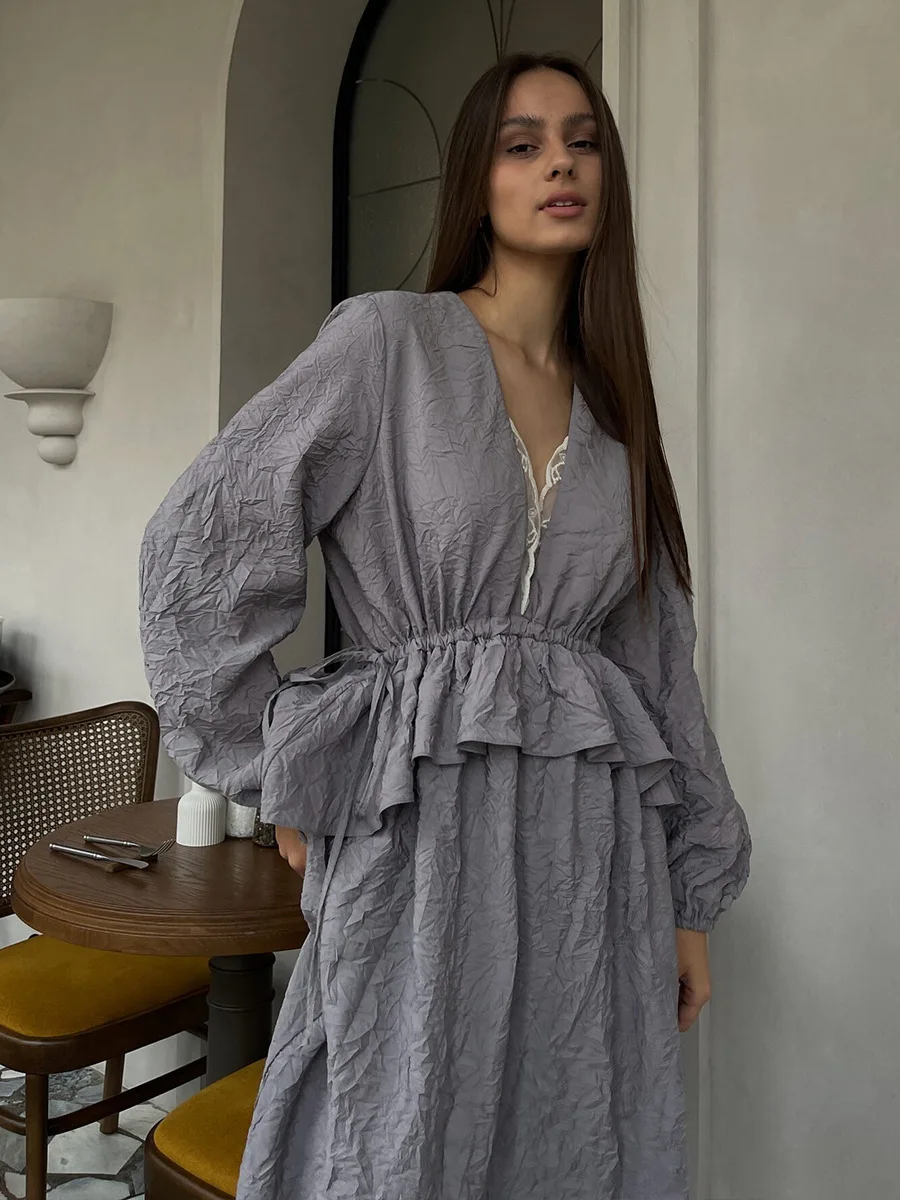 Bornladies Women's Spring Summer New Textured Pleated Dress Ruffle Lantern Sleeve Lace Trim Dress