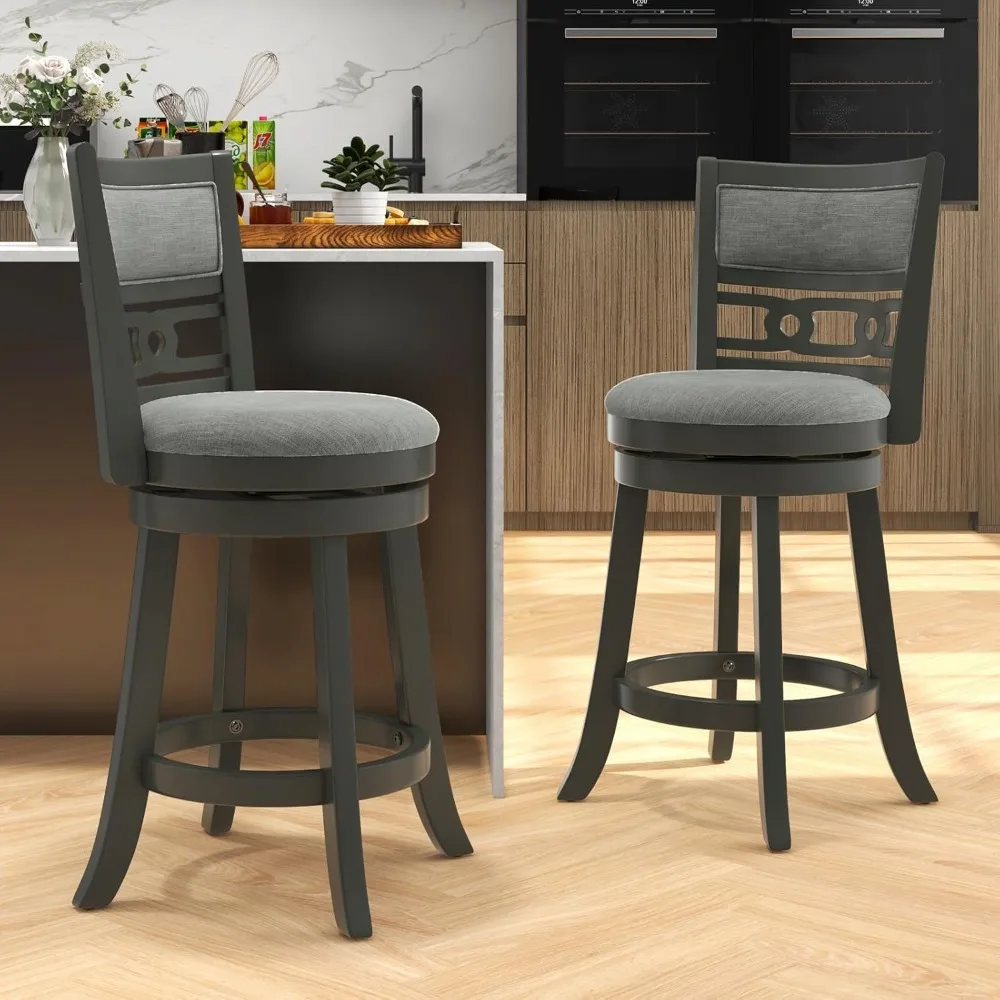 Bar Stools, 26” Upholstered Counter Height Bar Chair with Wooden Frame, Swivel Seat & Footrest, Vintage Kitchen Island Stool