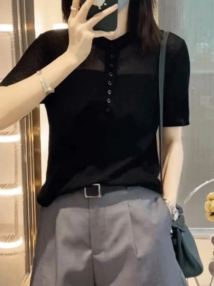 

Корейская легкая дышащая трикотажная футболка из ледяного шелка Maturi для женщин, летняя повседневная модель с коротким рукавом и круглым вырезом