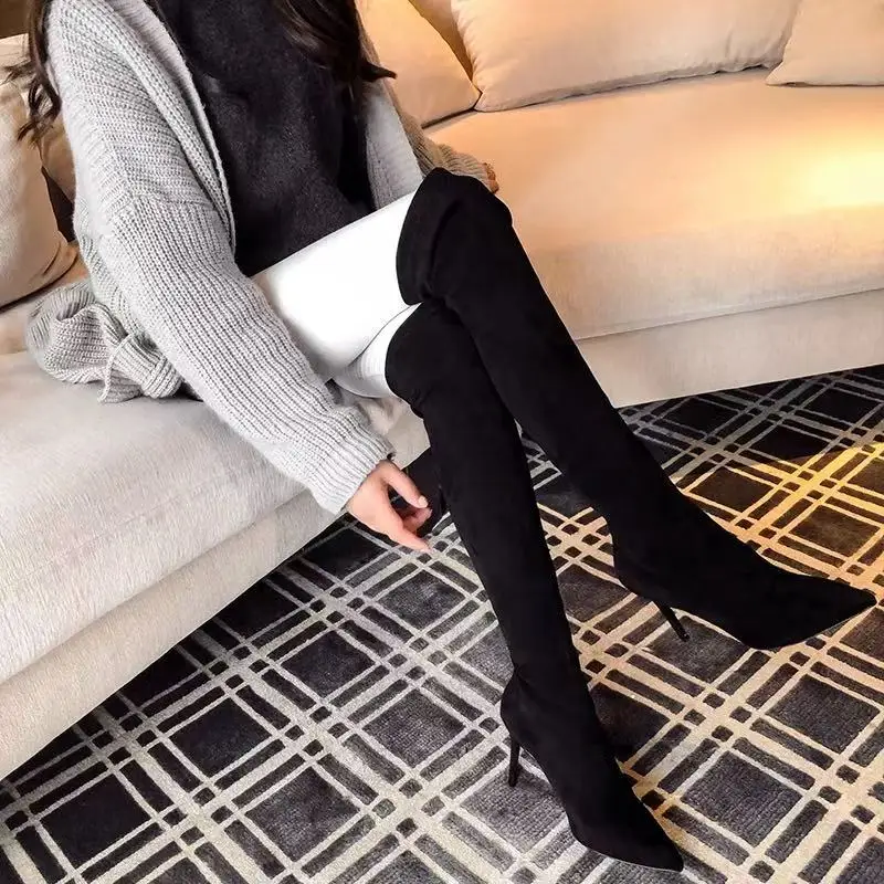 Black Pointed Toe Thin Heel Slim Boot Velvet Surface Short Boots Women High Heel Elastic Korean Style Winter Fashion Boots