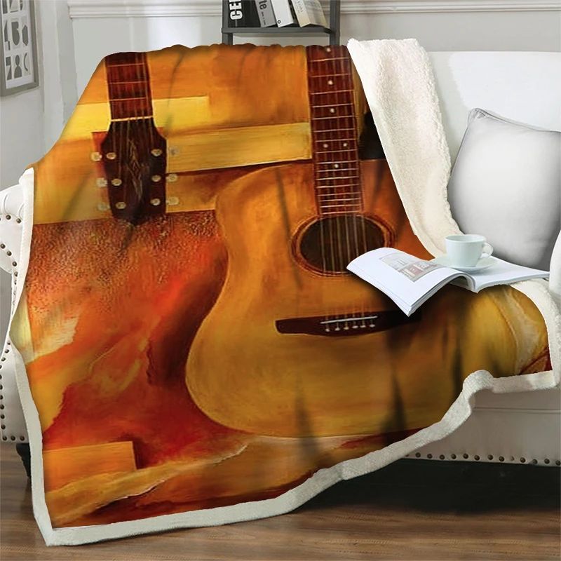 

Retro Big Guitar 3D Printed Flannel Blanket Plush Throw Blankets For Beds Sofa Soft Warm Bedspreads Picnic Thick Quilt Nap Cover