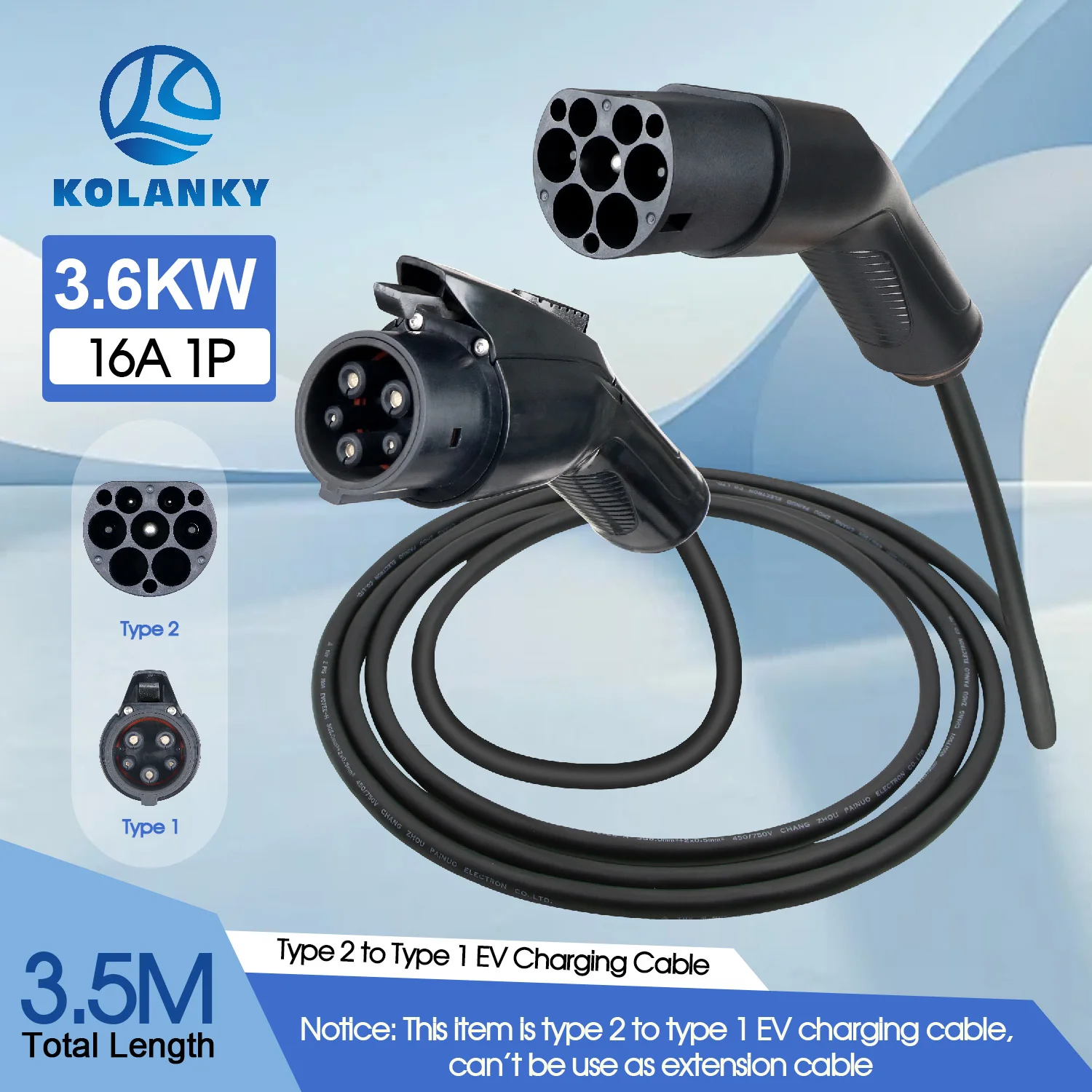 EV Charging Cable Type 2 to Type 1 J1772 Male to Female Plug 32A 16A 3M/3.5M Electric Vehicle Cord for Public Charger Station