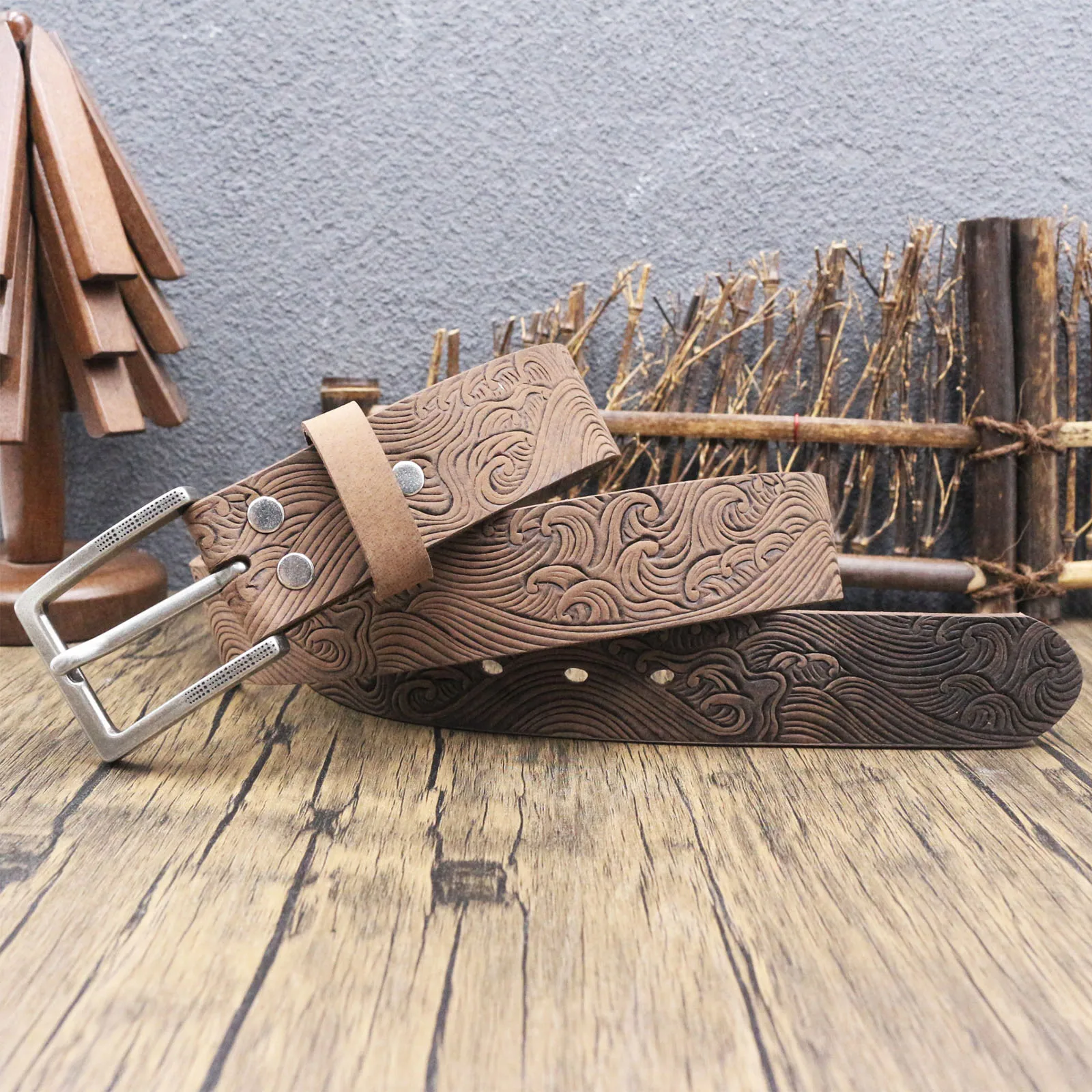 Heavy Duty Full Grain Leather Belt, Intricate Surf Wave Cloud Scroll Embossing Strap for Men, Vintage Engraved Square Buckle