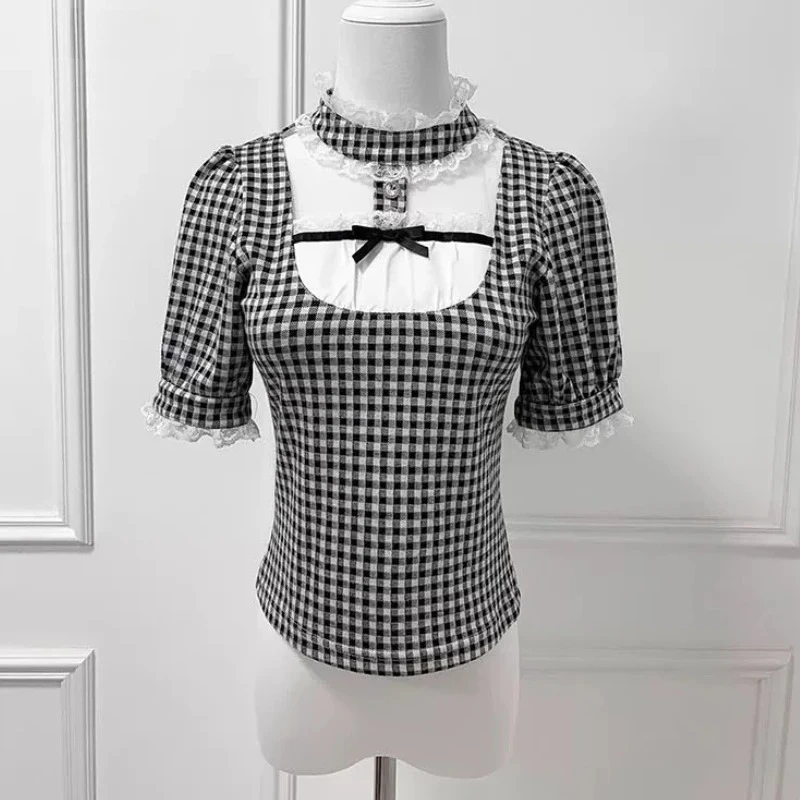 

Japanese Gothic Lolita Style Shirts Women Vintage Sweet Y2k Lace Ruffles Short Sleeve Plaid Blouses Casual Fashion Tops New