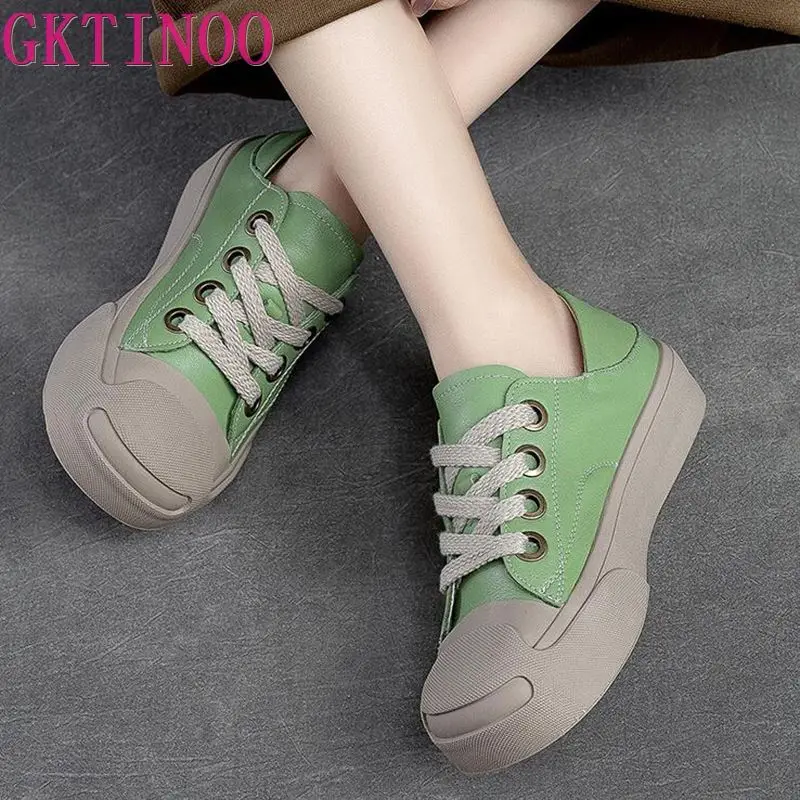 GKTINOO 2024 New Spring Genuine Leather Women Shoes Sneakers Lace-up Sewing Flat Handmade Leisure Comfortable Ladies Shoes