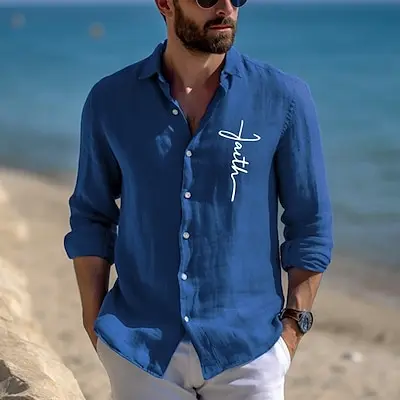 

Fashion new men's long sleeve shirt cross print comfortable bamboo hemp street handsome men's lapel top loose summer 2024