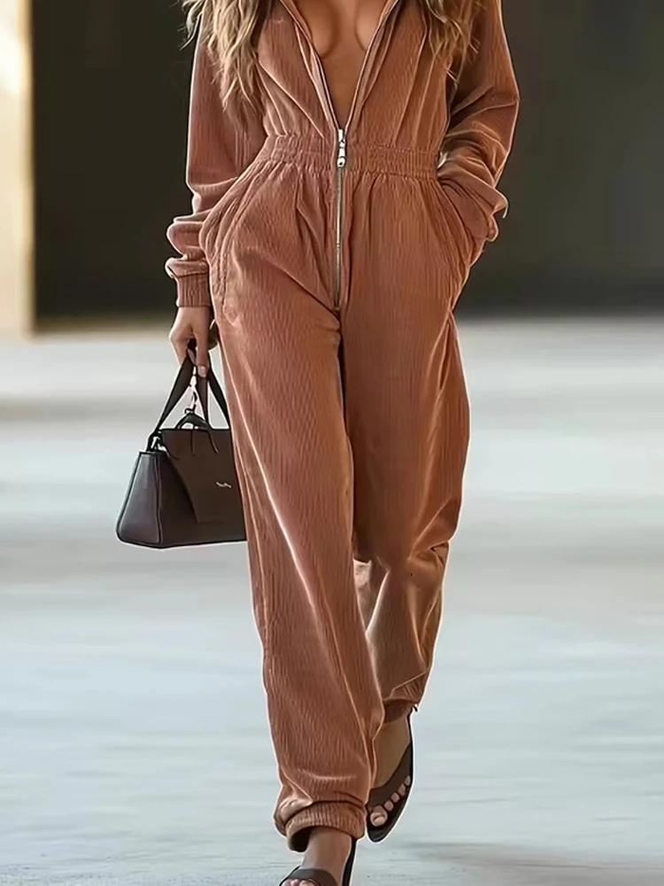 

Women's Fashion Hooded Sweatshirt Playsuits Casual Long Sleeve Solid Loose Jumpsuits Elegant Zipper Elastic Waist Hooded Rompers