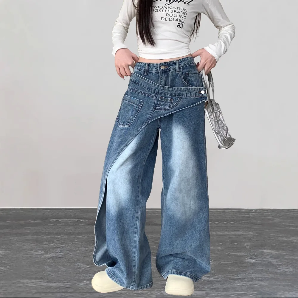 Denim Wide Leg Pants Women Jeans Floor Length Trousers Asymmetric High Waist Pockets Washed Distressed Denims Streetwear 2025