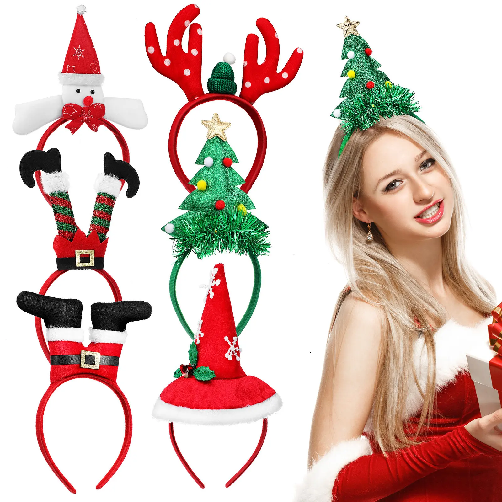 

Набор из 6 праздничных повязок на голову с оленьими ушками и елочками, аксессуар для костюма на Рождество