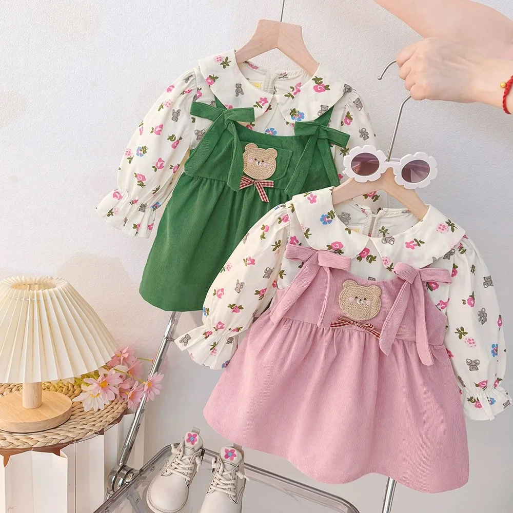

Autumn Infant Baby Girl Dress Floral Print Doll Collar Long Sleeved Bow Dress Toddler Girl Outing Casual Play Wear Clothes