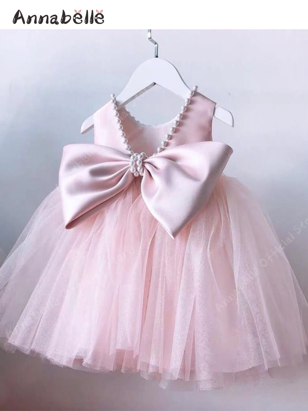 Annabelle Cute Ieaky Back Pearl Bow Decoration Kids Girls Wedding Dress Girls' Photo Performance Dresses