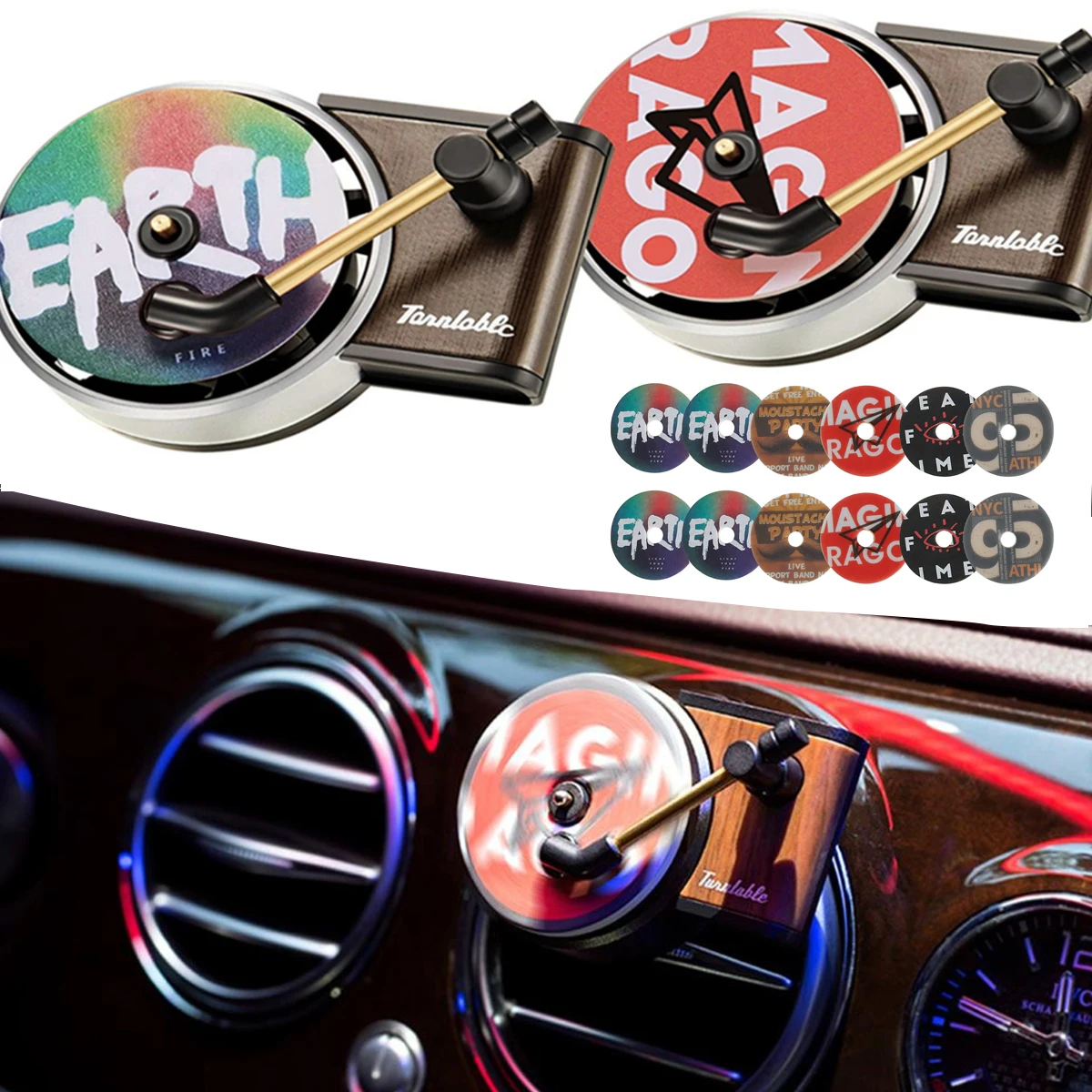 2Pcs Car Air Freshener Record Player Retro Car Air Diffuser Record Player Shape 12 Pcs Car Aromatherapy Tablets for Home Office