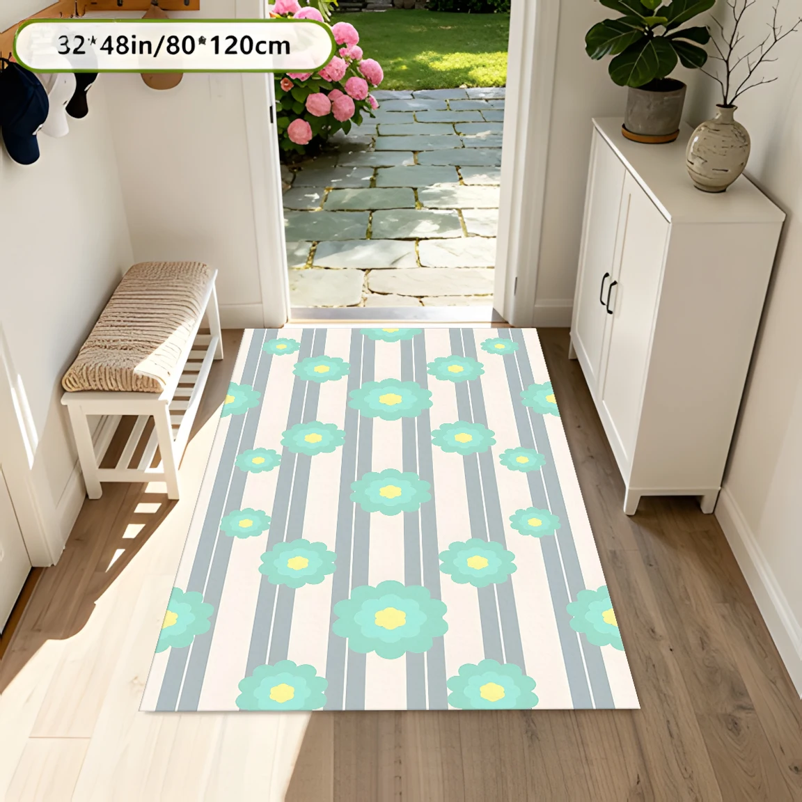 2D Large Carpet Light Blue Flower Gray Stripe Fresh Soothing for Living Room Bedroom