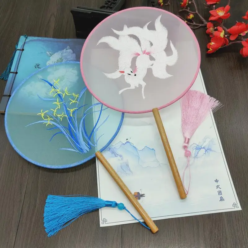 Vintage Round Double Embroidery Silk Chinese Fans with Handles, Traditional Craft Costume, Dance Decorative Hand Fan