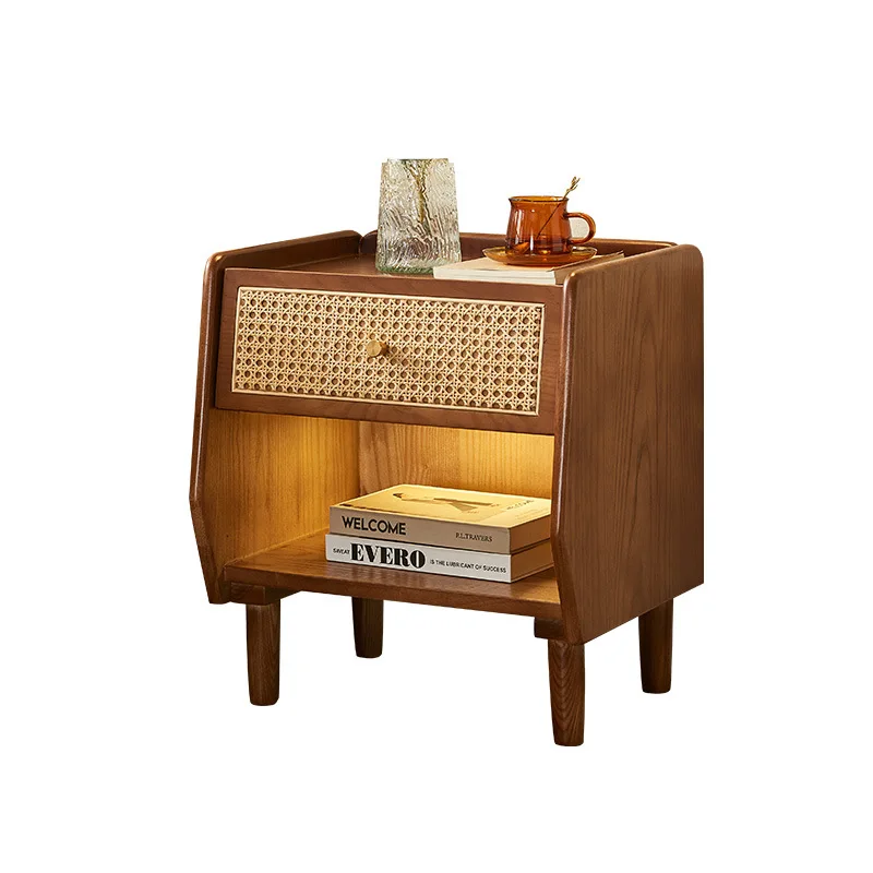 

Nordic solid wood bedside table, small apartment sofa side cabinet, simple rattan edge storage cabinet