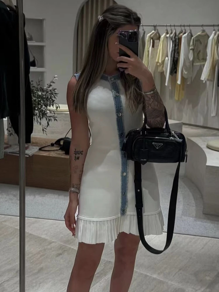 FSMG فساتين رعاة البقر الأنيقة المحبوكة النحيفة موضة الخامس الرقبة عالية الخصر بلا أكمام واحدة الصدر تنورة طويلة الصيف فيستدو