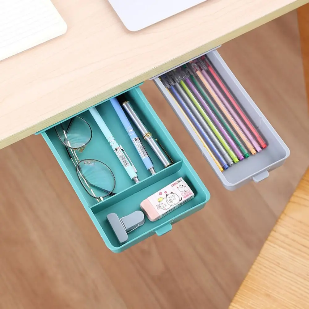 Self Stick Pencil Tray Under Desk Drawer Storage Box Hidden Stationery Pens Organizer Office Home Table Storage