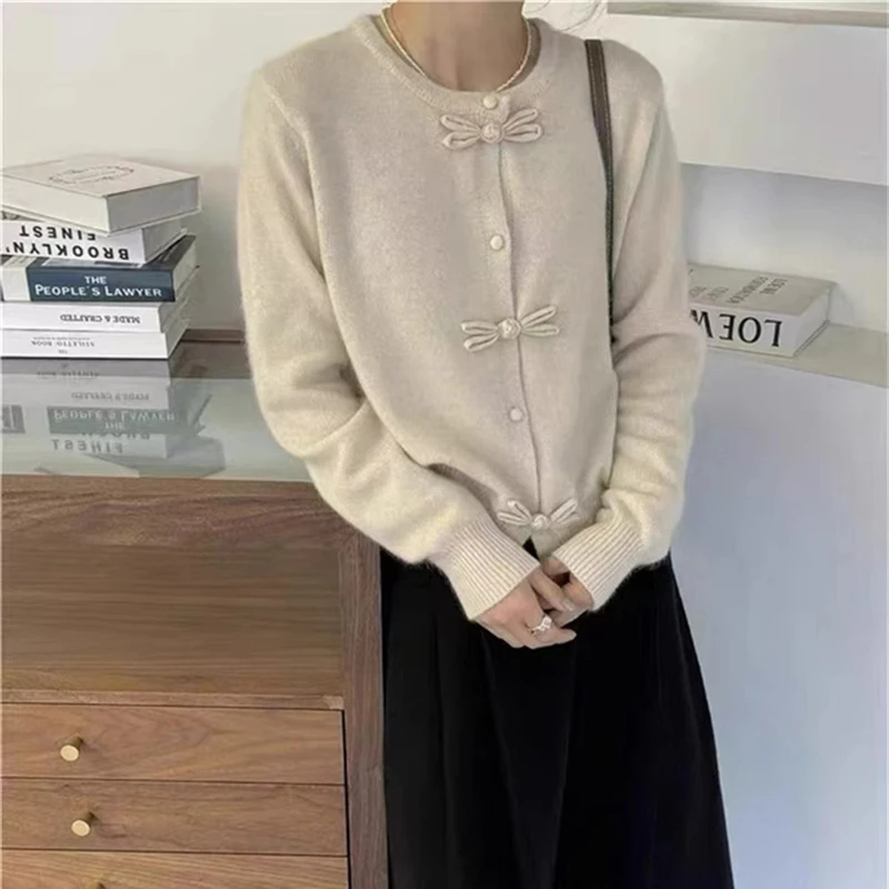 Korean Round Neck Gray Knitted Cardigans Women 2025 Design Buttons Long Sleeve Cardigan Woman Chic Solid Color Wrm Sweater Coats