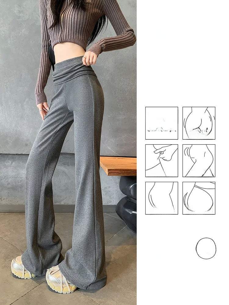 Damskie dzianinowe spodnie do jogi z wysokim stanem, ocieplane polarem, wyszczuplające, lekko rozszerzane, codzienne spodnie na jesień i zimę, koreański styl, do pracy.