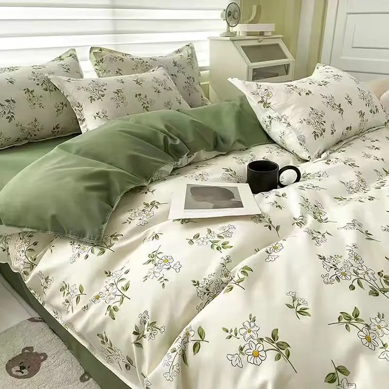 

Light Green Flower Bedding Set And Pillowcase Sheet For Girls Simple Bed Linen Duvet Cover For Adult Girls Bedclothes NO Filler