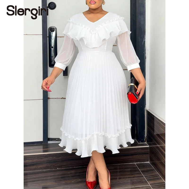 

Slergiri Plus Size White Ruffle Pleated Chiffon Dress Women Summer V-neck 3/4 Sleeve Elegant Wedding Party Long Dresses 2026 New
