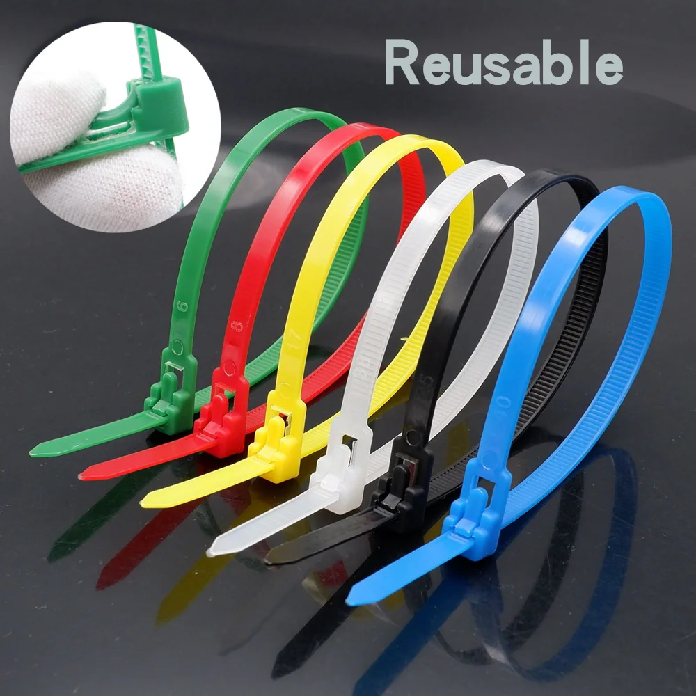 100pcs Reusable Cable Nylon Ties Fixed Bundled Cable Organizer Tie Wire Mixed Colors Black White Red Yellow Blue Green