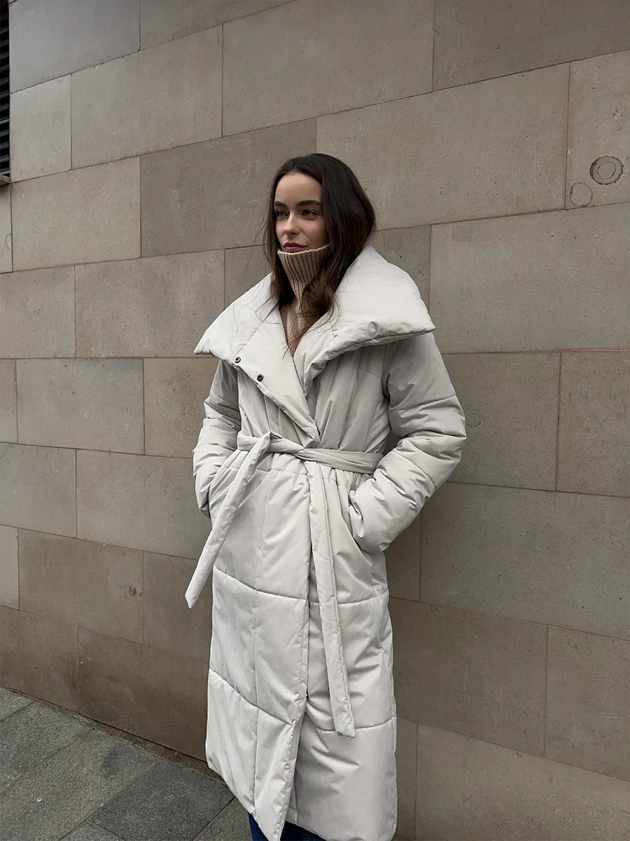 Women's Elegant Lapel Collar Belted Waist Long Sleeve Long Puffer Coat