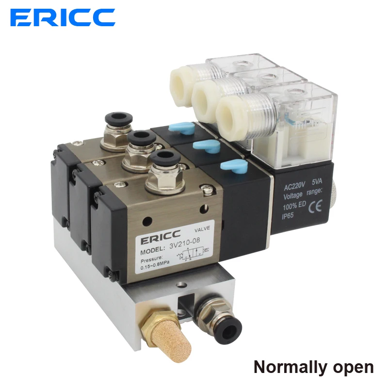 

3V110-06-NO Normally open Electromagnetic Solenoid Valve Block With Muffler Fitting Base Manifold DC12v 24v AC110v 220v 3 port