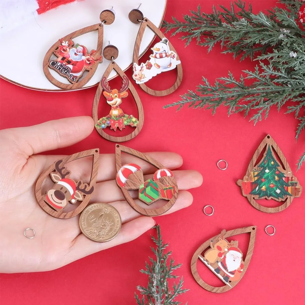 1 กล่อง DIY 10 คู่คริสต์มาสไม้ต่างหูทําชุด Xmas Charms ต้นคริสต์มาส Charms Santa Claus Reindeer Charm ทําชุด