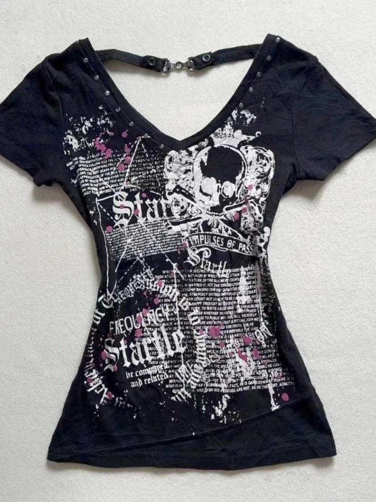 2025 Ropa Mujer Summer Tshirts for Women V-neck Short Sleeve Tunic Camisetas Pink Print Tees Crop Tops Casual Chic Y2k T-shirt