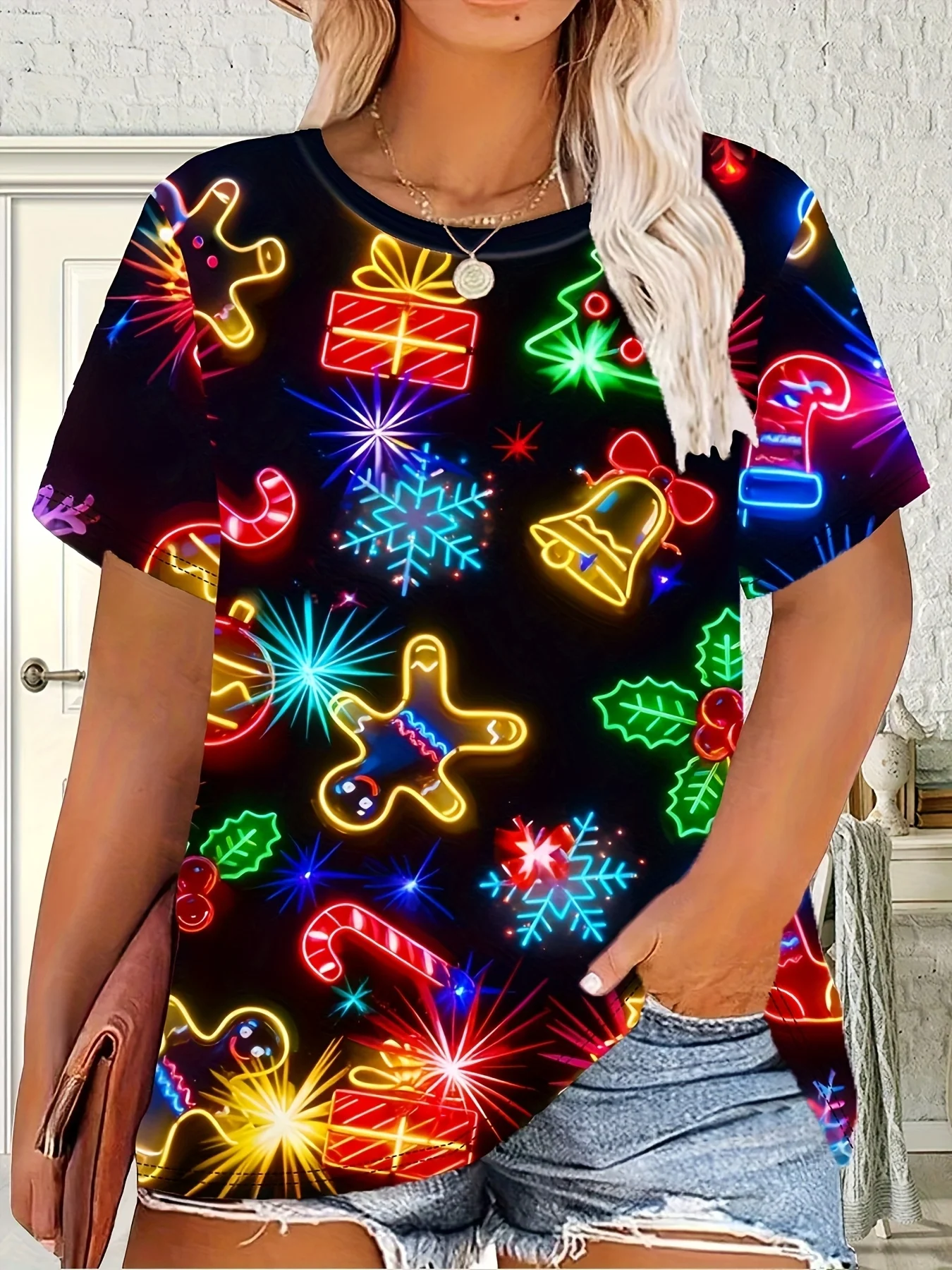    المرأة عيد الميلاد الرنة و رودولف تي شيرت مطبوع كم قصير رقبة مستديرة رداء علوي غير رسمي حفلات عيد الميلاد زي Y2k ملابس السيدات