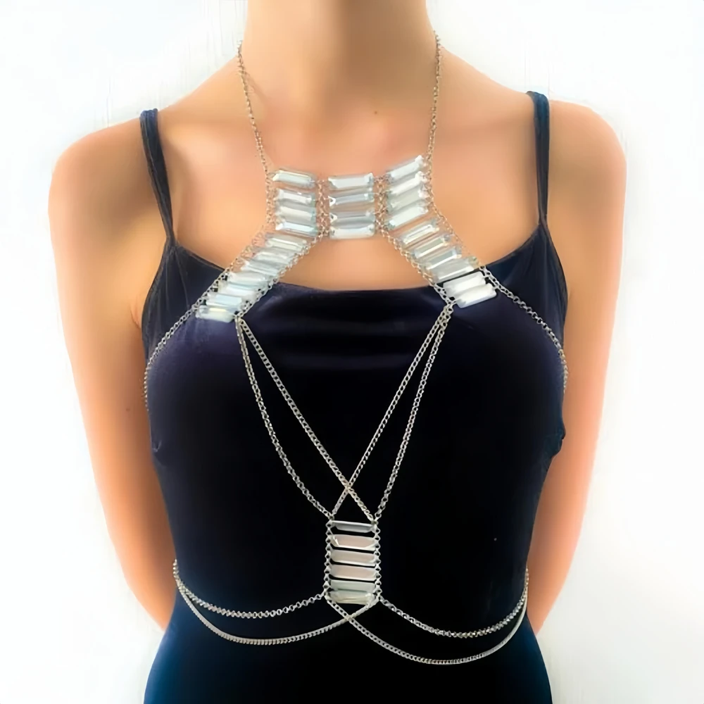 

Stonefans Sexy Top Square Chest Chain Harness Handmade Bikini Accessories Summer Rave Outfits Rhinestone Body Chain Beachwear