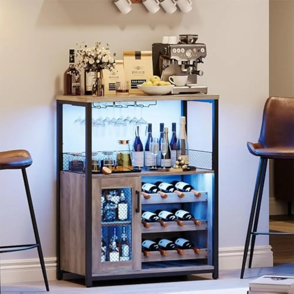 

36 in Wine Bar Rack Cabinet w/LED Light, Adjustable Shelves Coffee Bars Cabinets & Mesh Door and Baffle Design, Bar Cabinet