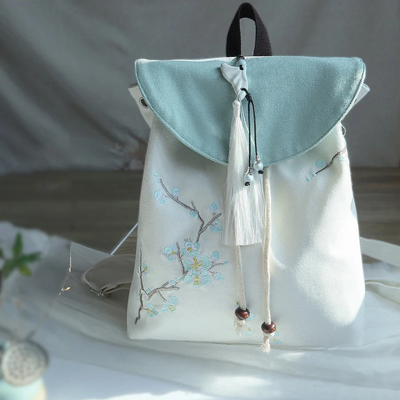 2023 Women's Retro Canvas Embroidered Flower Backpack Tassel Drawstring Shoulders Bag Casual Bundle Girls Hanfu Bags - Image 6